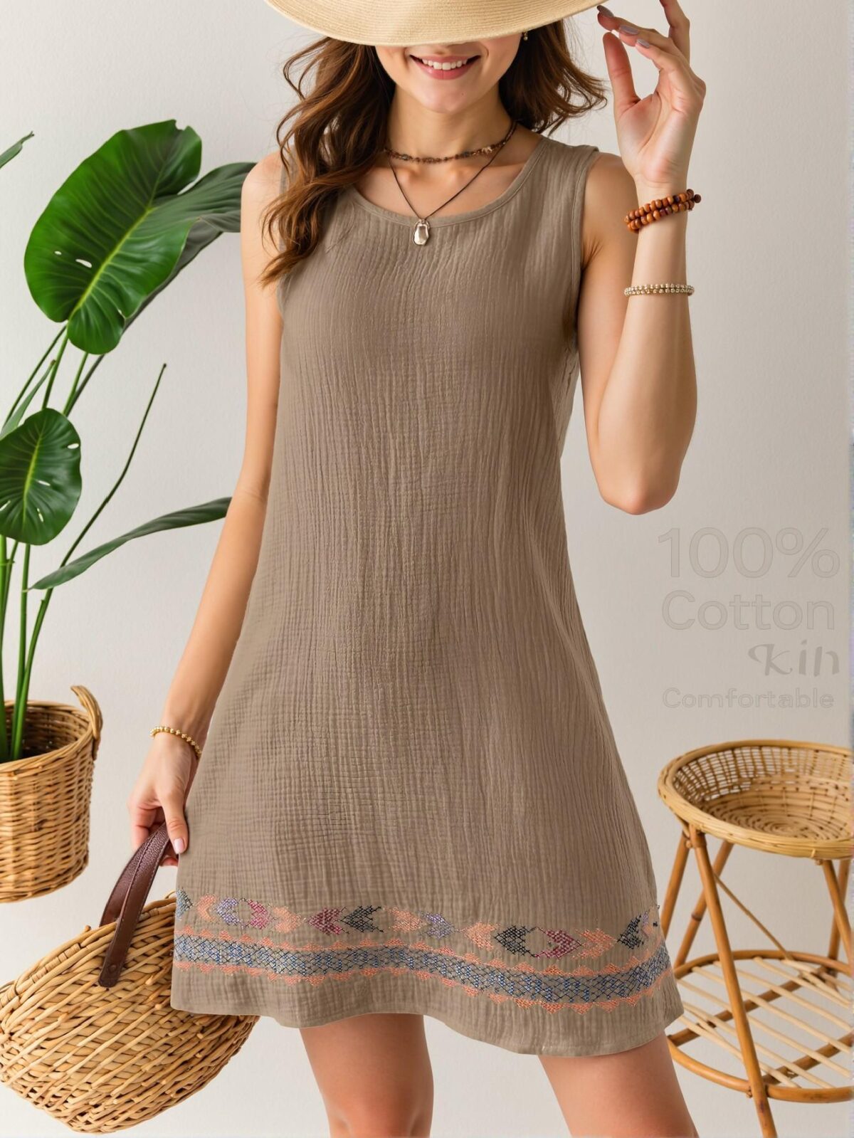 Elegant Camel Relaxed Beach Vacation Linen Textured Sleeveless Tank Dress for Women - Chic, Classy and Trendy Fashion Style to Dress to Impress
