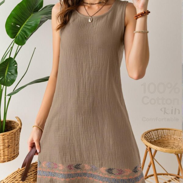 Elegant Camel Relaxed Beach Vacation Linen Textured Sleeveless Tank Dress for Women - Chic, Classy and Trendy Fashion Style to Dress to Impress
