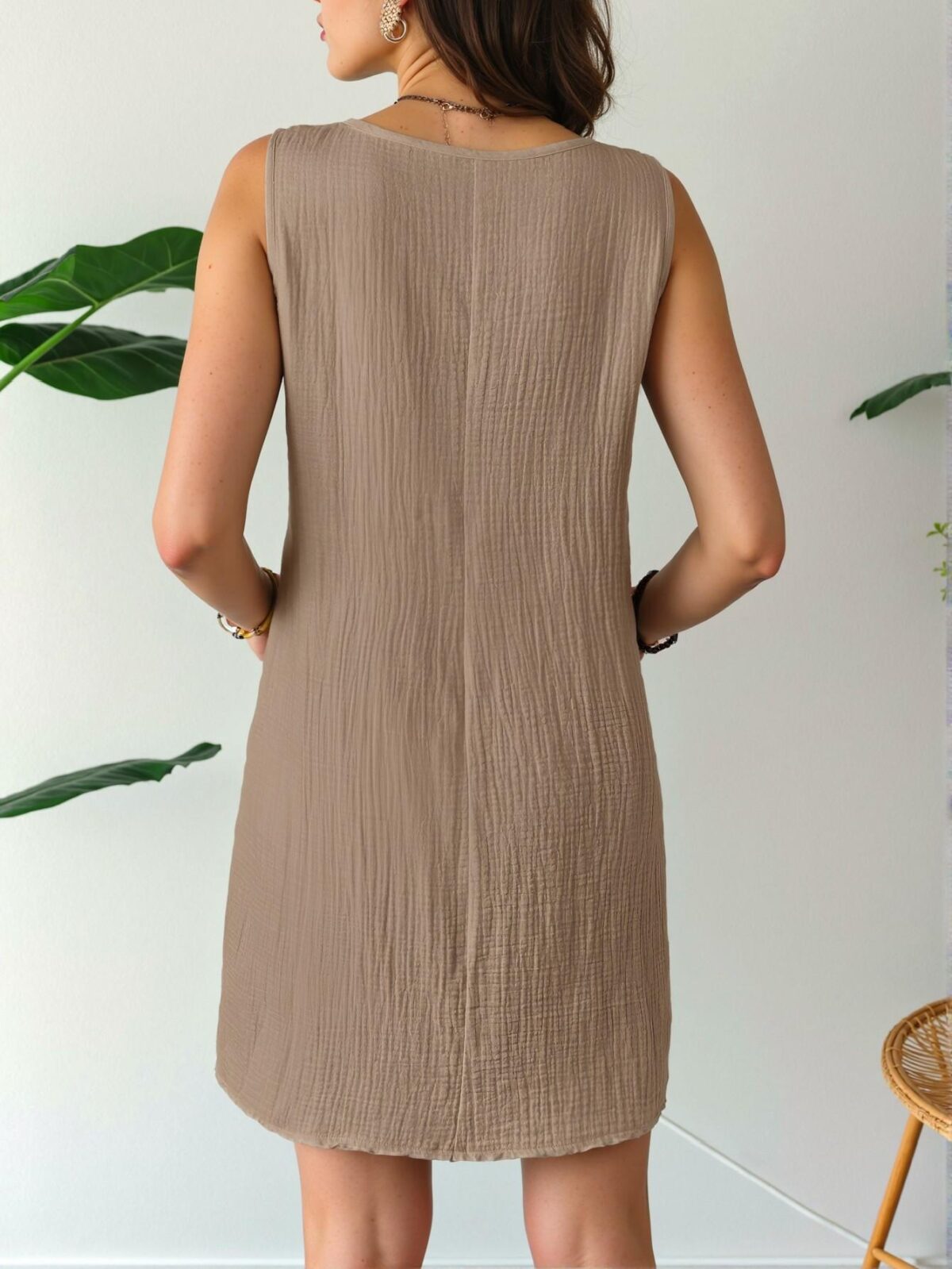 Elegant Camel Relaxed Beach Vacation Linen Textured Sleeveless Tank Dress for Women - Chic, Classy and Trendy Fashion Style to Dress to Impress - Image 2