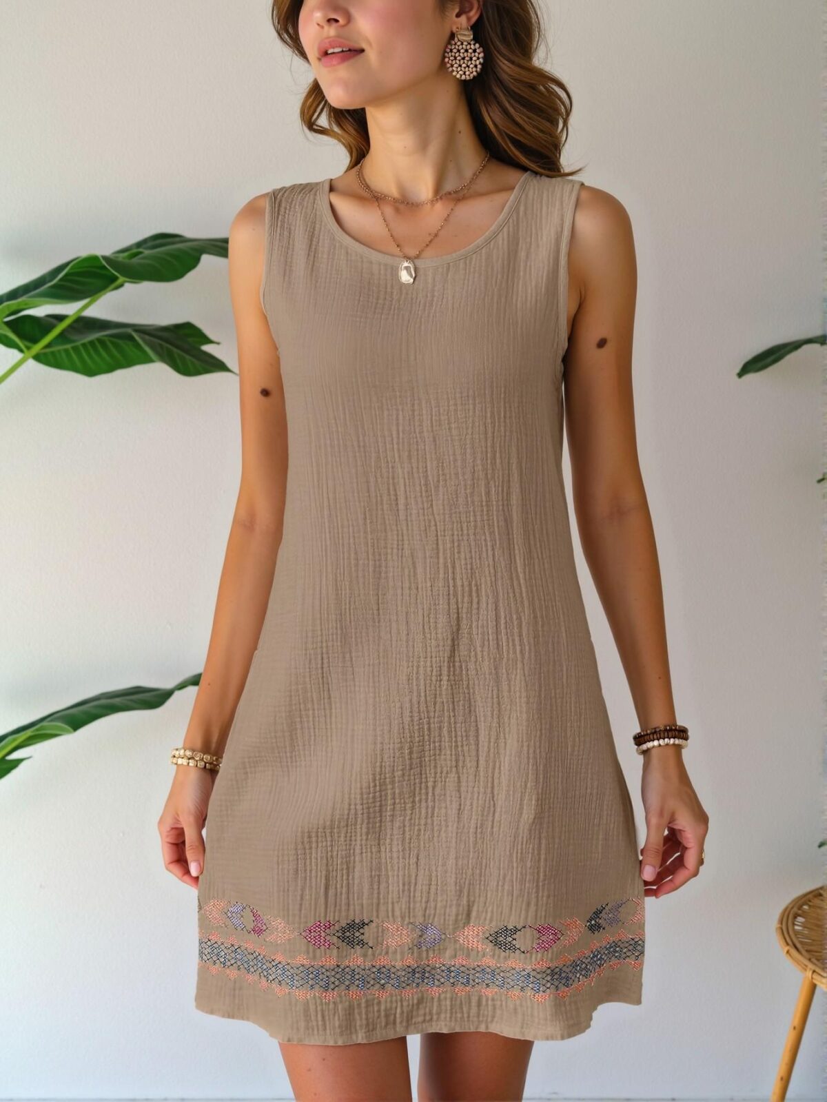 Elegant Camel Relaxed Beach Vacation Linen Textured Sleeveless Tank Dress for Women - Chic, Classy and Trendy Fashion Style to Dress to Impress - Image 3