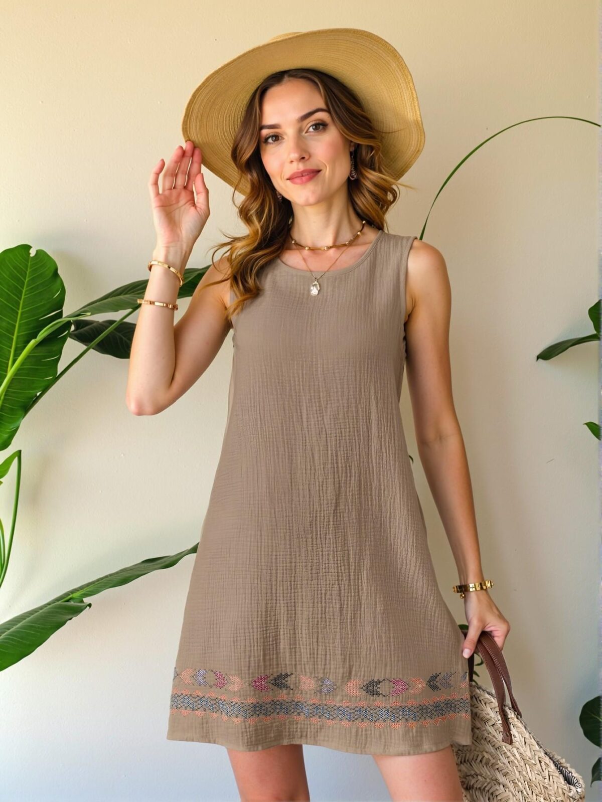 Elegant Camel Relaxed Beach Vacation Linen Textured Sleeveless Tank Dress for Women - Chic, Classy and Trendy Fashion Style to Dress to Impress - Image 4
