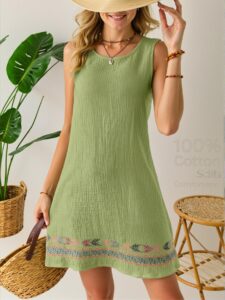 Elegant Green Boho Linen Texture Sleeveless Mini Dress Perfect for Beach Getaways - Chic, Classy and Trendy Fashion Style to Dress to Impress