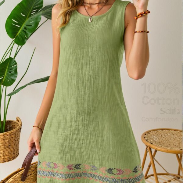 Elegant Green Boho Linen Texture Sleeveless Mini Dress Perfect for Beach Getaways - Chic, Classy and Trendy Fashion Style to Dress to Impress