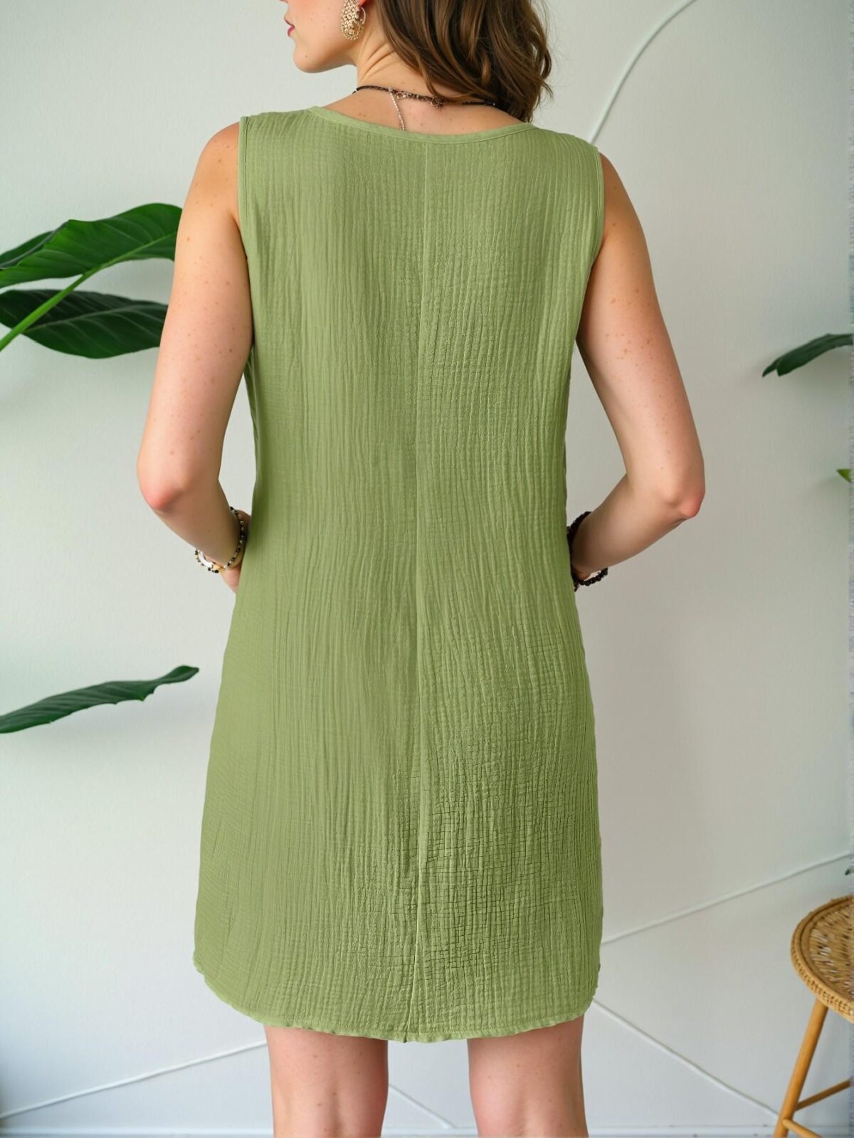 Elegant Green Boho Linen Texture Sleeveless Mini Dress Perfect for Beach Getaways - Chic, Classy and Trendy Fashion Style to Dress to Impress - Image 2