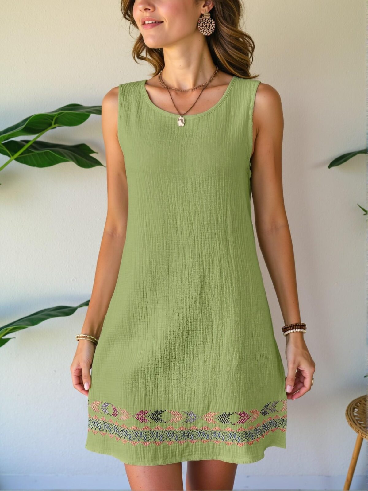 Elegant Green Boho Linen Texture Sleeveless Mini Dress Perfect for Beach Getaways - Chic, Classy and Trendy Fashion Style to Dress to Impress - Image 3
