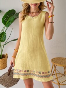 Elegant Yellow Boho Linen Texture Sleeveless A-Line Dress Perfect for Beach Getaways - Chic, Classy and Trendy Fashion Style to Dress to Impress