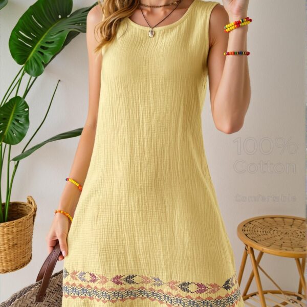 Elegant Yellow Boho Linen Texture Sleeveless A-Line Dress Perfect for Beach Getaways - Chic, Classy and Trendy Fashion Style to Dress to Impress