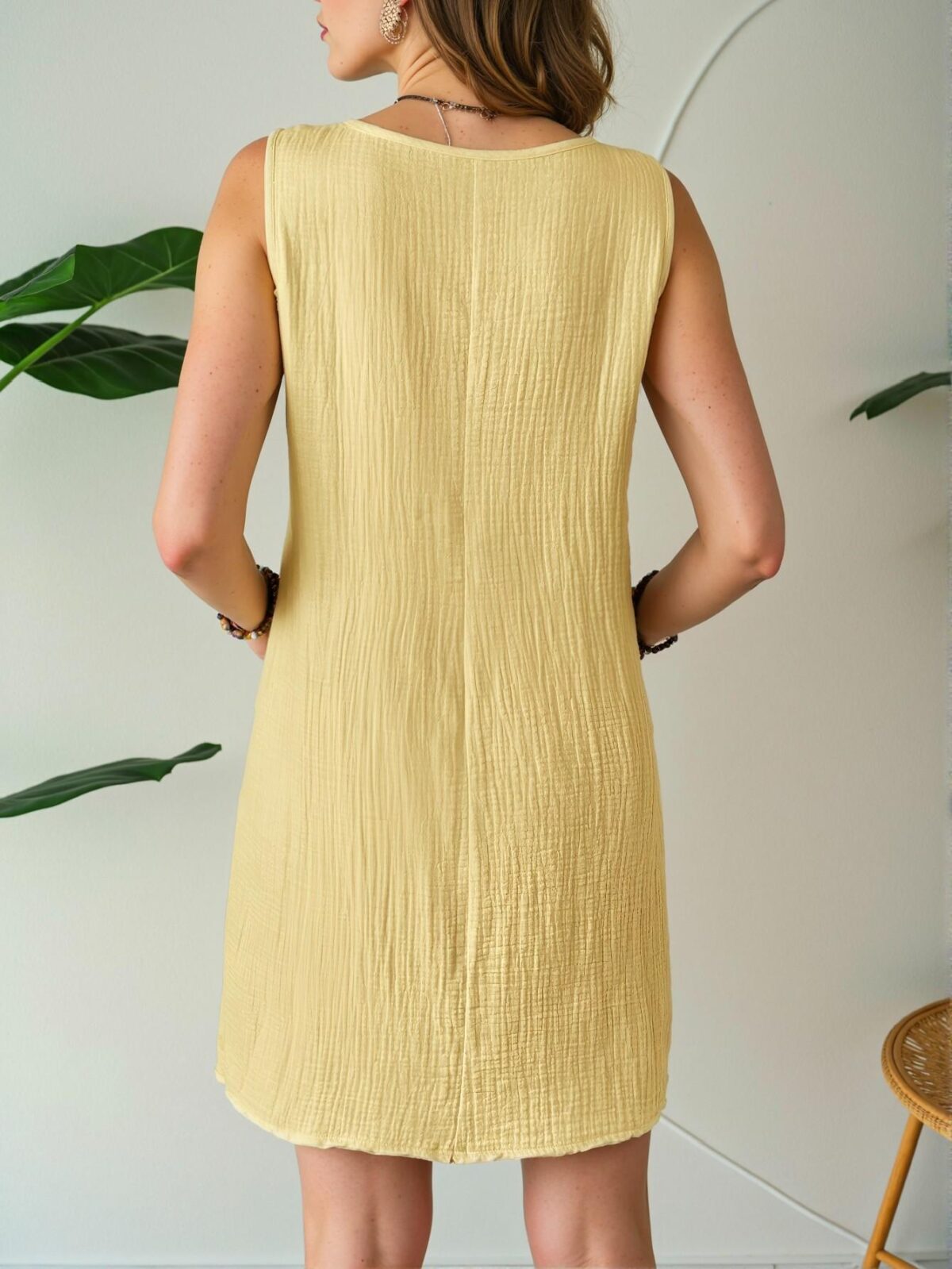 Elegant Yellow Boho Linen Texture Sleeveless A-Line Dress Perfect for Beach Getaways - Chic, Classy and Trendy Fashion Style to Dress to Impress - Image 2
