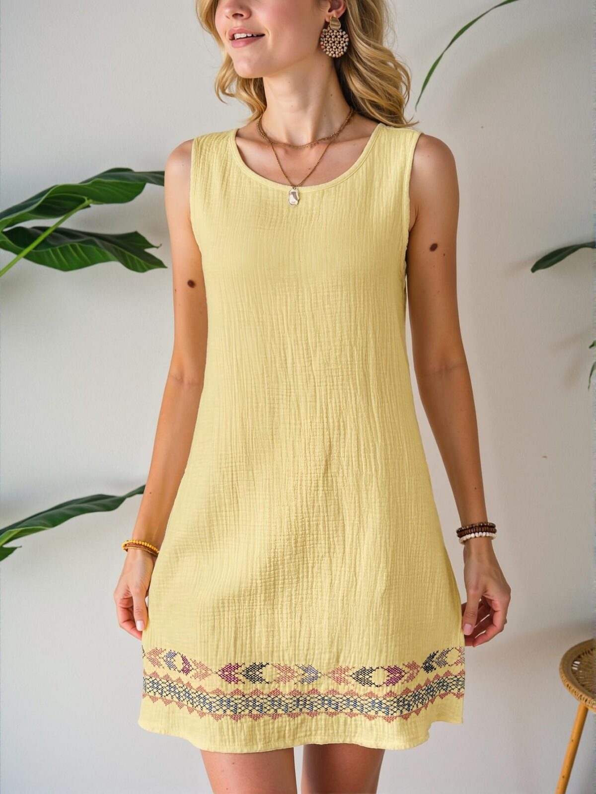Elegant Yellow Boho Linen Texture Sleeveless A-Line Dress Perfect for Beach Getaways - Chic, Classy and Trendy Fashion Style to Dress to Impress - Image 3