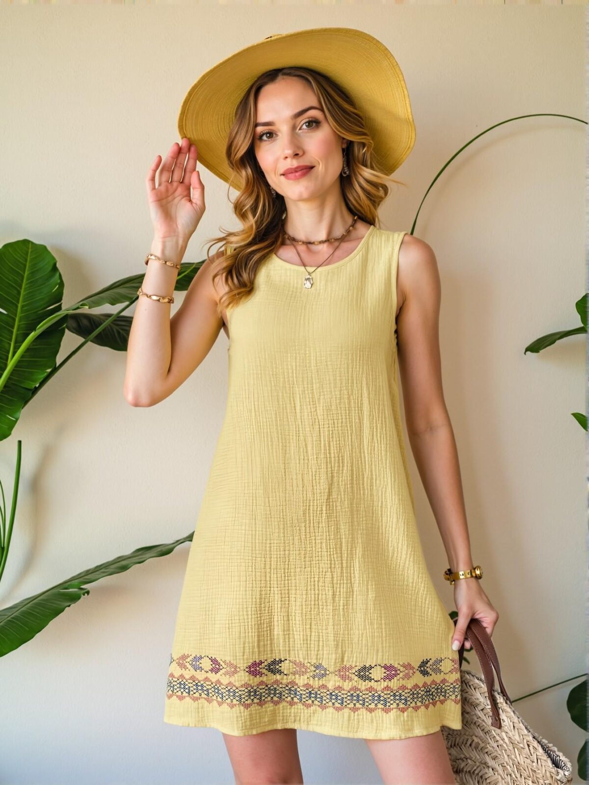 Elegant Yellow Boho Linen Texture Sleeveless A-Line Dress Perfect for Beach Getaways - Chic, Classy and Trendy Fashion Style to Dress to Impress - Image 4