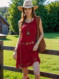 Elegant Burgundy Boho Tassel Hem Sleeveless Mini Dress Perfect for Music Festivals in Spring & Summer - Chic, Classy and Trendy Fashion Style to Dress to Impress