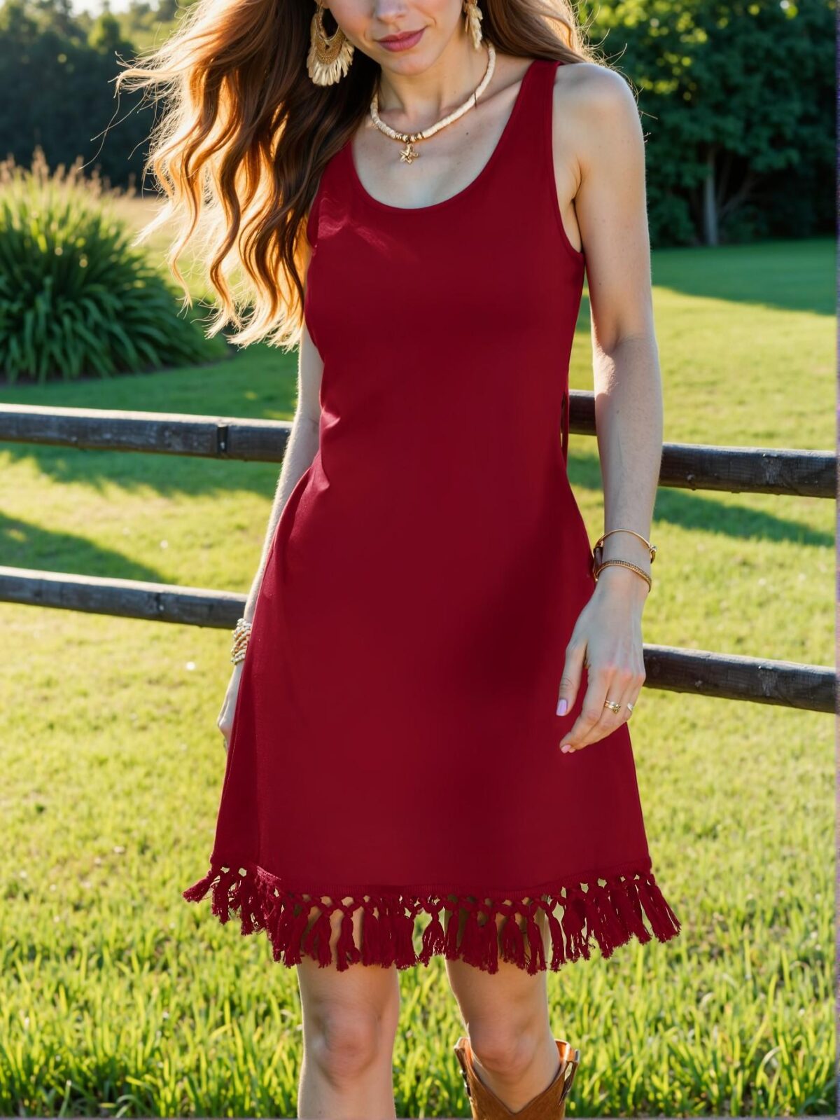 Elegant Burgundy Boho Tassel Hem Sleeveless Mini Dress Perfect for Music Festivals in Spring & Summer - Chic, Classy and Trendy Fashion Style to Dress to Impress - Image 5