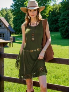 Elegant Army Green Boho Sleeveless Fringe Hem Mini Dress for Women, Perfect for Spring/Summer Events - Chic, Classy and Trendy Fashion Style to Dress to Impress
