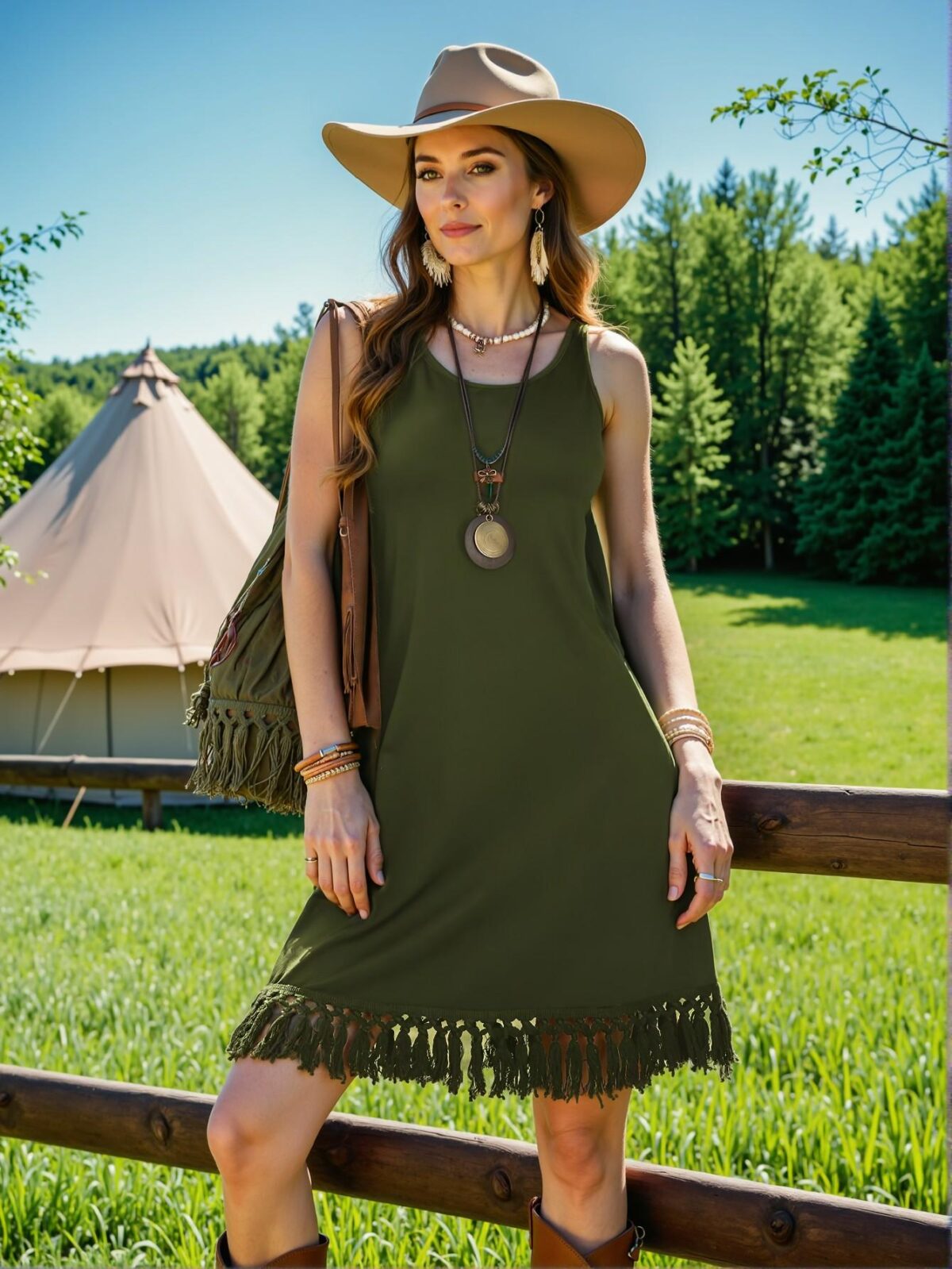 Elegant Army Green Boho Sleeveless Fringe Hem Mini Dress for Women, Perfect for Spring/Summer Events - Chic, Classy and Trendy Fashion Style to Dress to Impress - Image 2