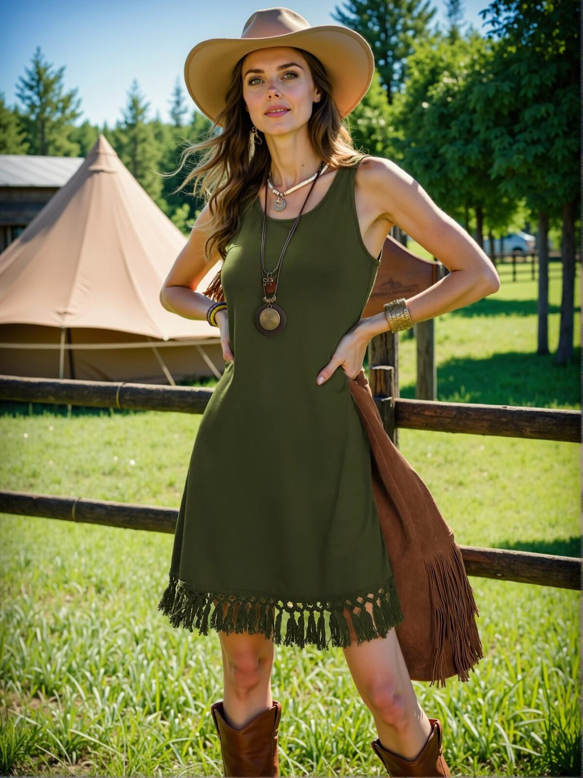 Elegant Army Green Boho Sleeveless Fringe Hem Mini Dress for Women, Perfect for Spring/Summer Events - Chic, Classy and Trendy Fashion Style to Dress to Impress - Image 3