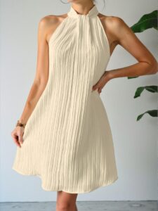 Elegant Cream Flared Crop Halter Dress for Beach Vacations - Chic, Classy and Trendy Fashion Style to Dress to Impress