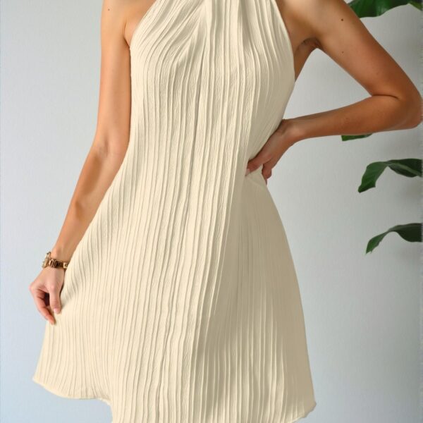 Elegant Cream Flared Crop Halter Dress for Beach Vacations - Chic, Classy and Trendy Fashion Style to Dress to Impress