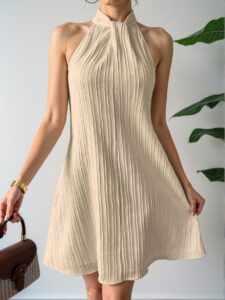 Elegant Apricot Sleeveless Ribbed Fabric Women's Dress with Stand Collar - Chic, Classy and Trendy Fashion Style to Dress to Impress
