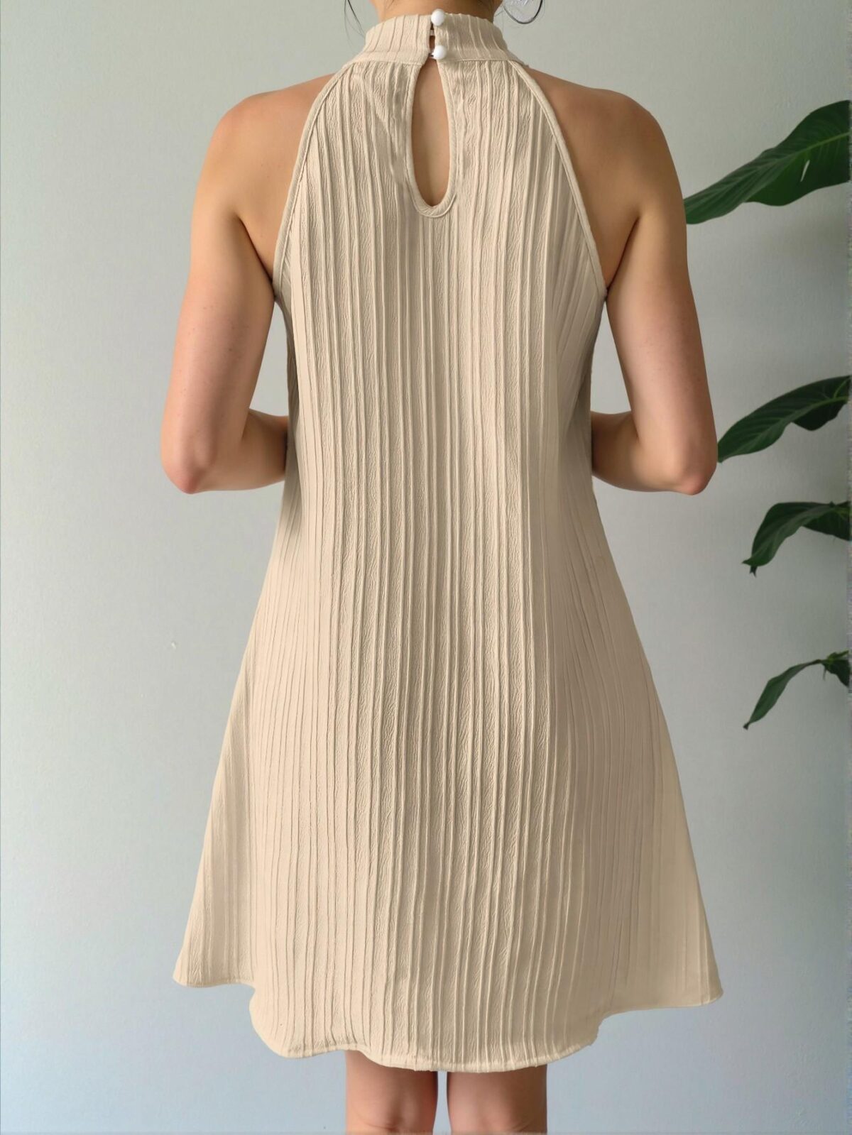 Elegant Apricot Sleeveless Ribbed Fabric Women's Dress with Stand Collar - Chic, Classy and Trendy Fashion Style to Dress to Impress - Image 2