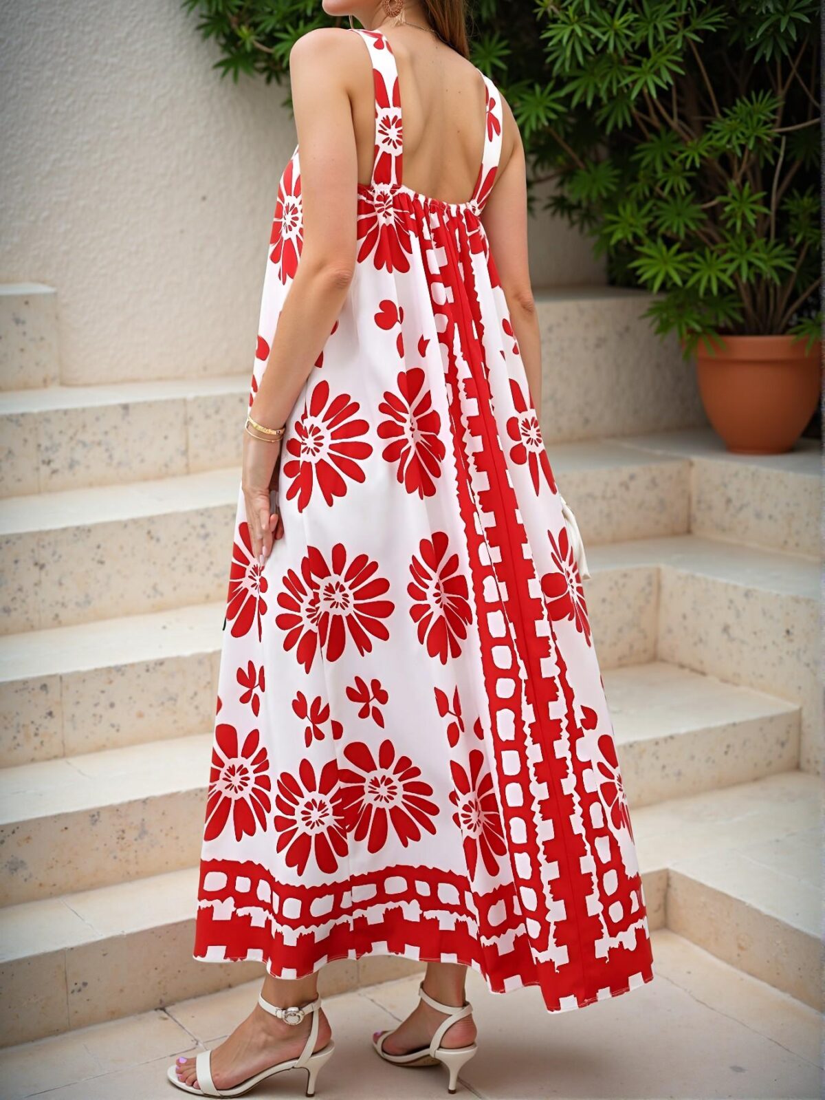 Elegant Red and White Boho A-Line Midi Dress for Casual Everyday Wear and Vacation Outfits - Chic, Classy and Trendy Fashion Style to Dress to Impress - Image 2