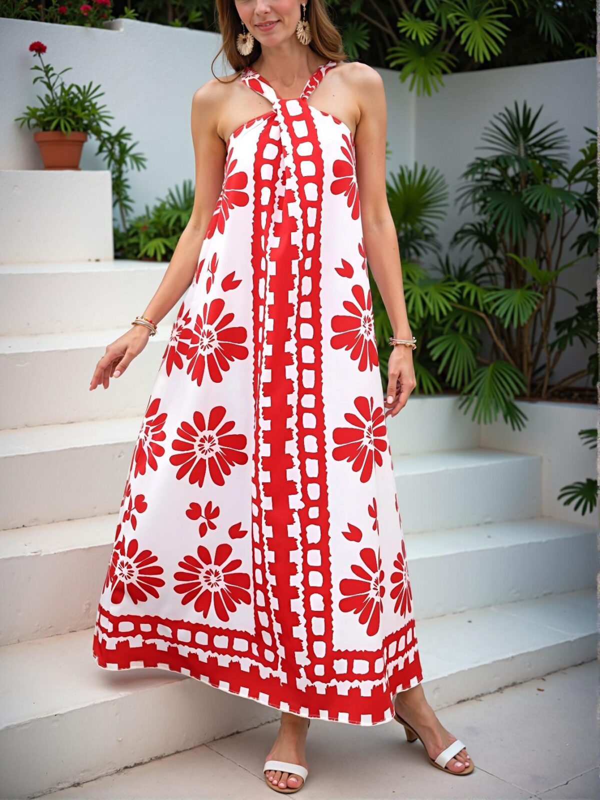 Elegant Red and White Boho A-Line Midi Dress for Casual Everyday Wear and Vacation Outfits - Chic, Classy and Trendy Fashion Style to Dress to Impress - Image 3