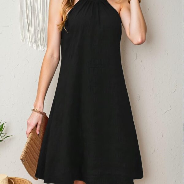 Elegant Black Casual Halter Dress with Flared Hem for Effortless Daily Wear - Chic, Classy and Trendy Fashion Style to Dress to Impress