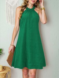 Elegant Green Casual Plain Texture Halter Neck A-Line Dress: Chic, Classy and Trendy Fashion Style to Dress to Impress