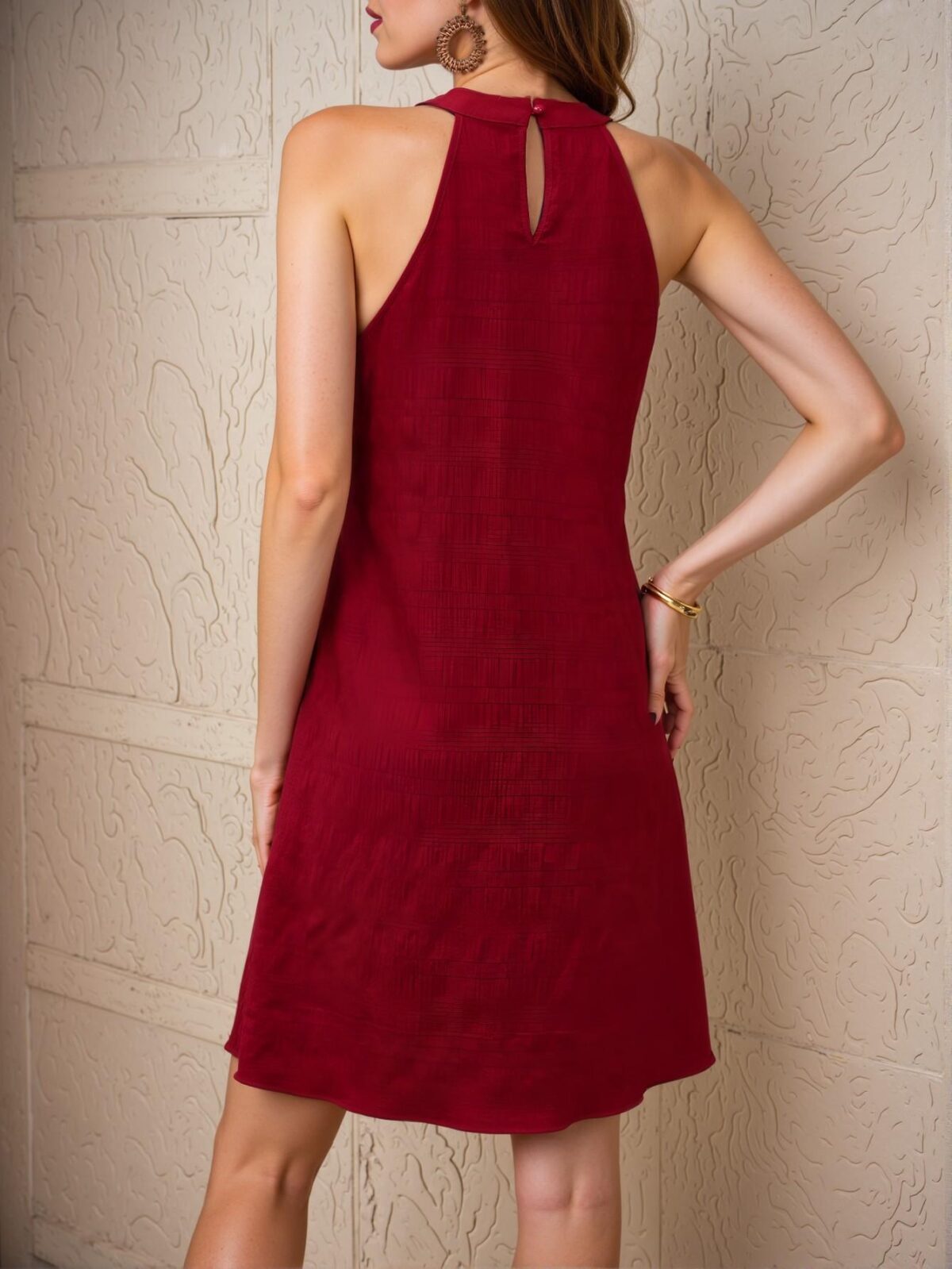 Elegant Red A-Line Sleeveless Halterneck Dress Perfect for Celebrating New Year Chic, Classy and Trendy Fashion Style to Dress to Impress - Image 2