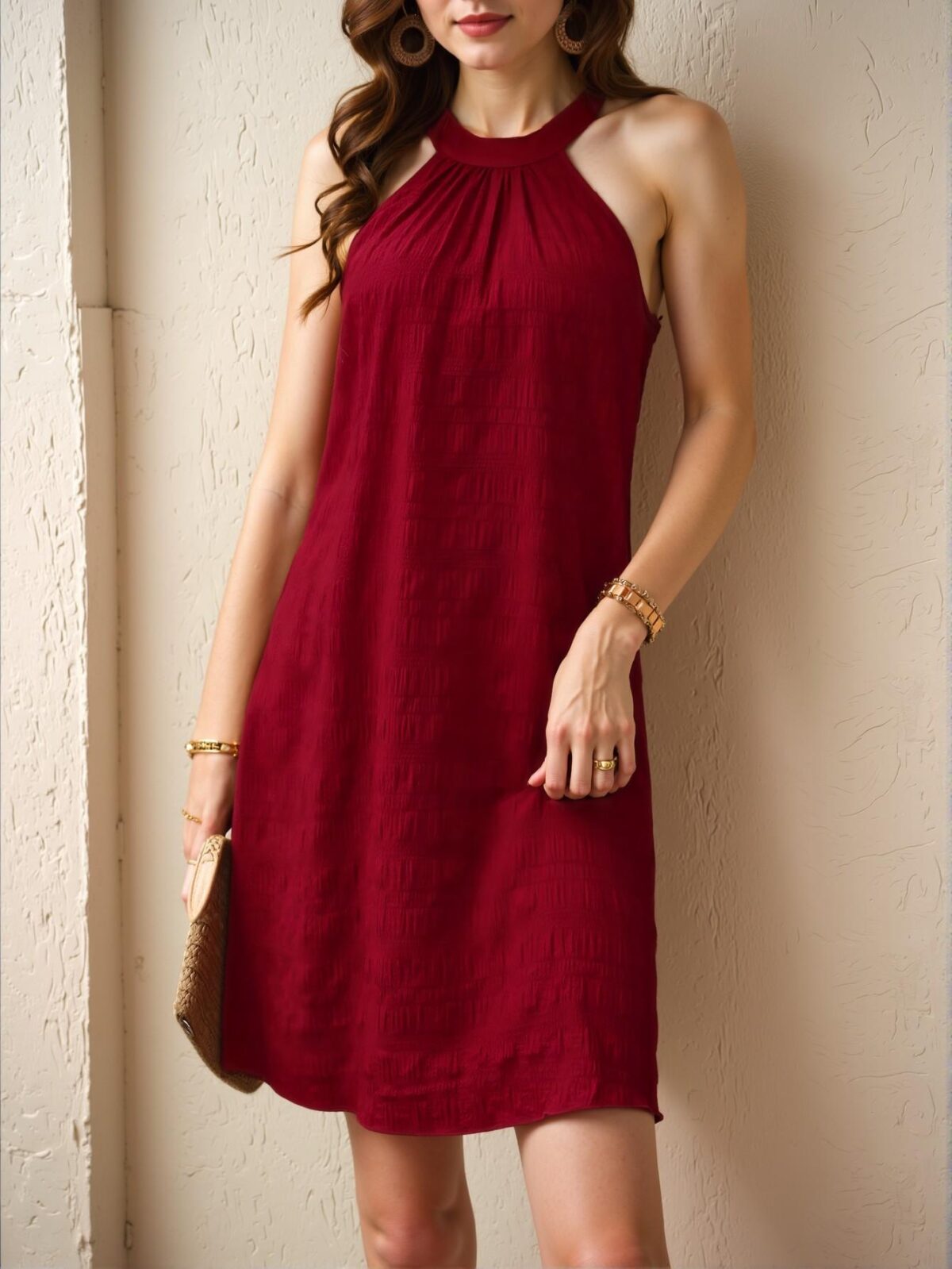 Elegant Red A-Line Sleeveless Halterneck Dress Perfect for Celebrating New Year Chic, Classy and Trendy Fashion Style to Dress to Impress - Image 4