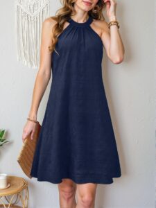Elegant Navy Blue Casual A-Line Textured Sleeveless Dress with Button and Knot Details - Chic, Classy and Trendy Fashion Style to Dress to Impress