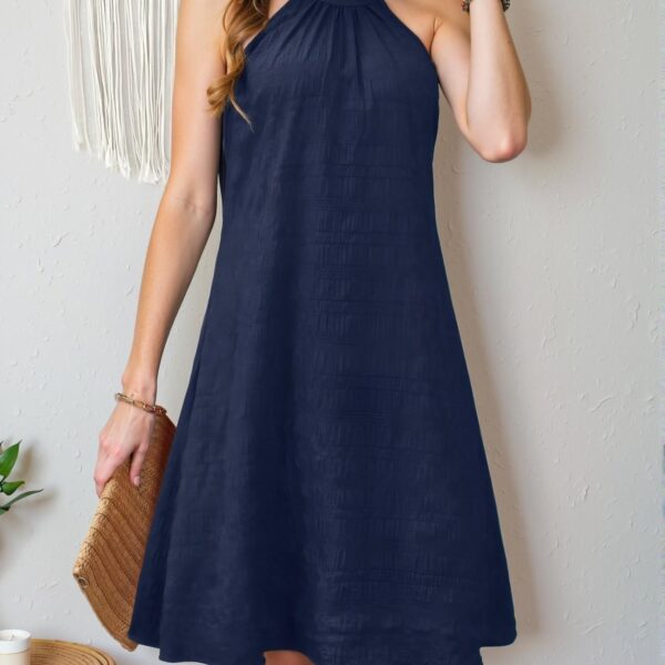 Elegant Navy Blue Casual A-Line Textured Sleeveless Dress with Button and Knot Details - Chic, Classy and Trendy Fashion Style to Dress to Impress
