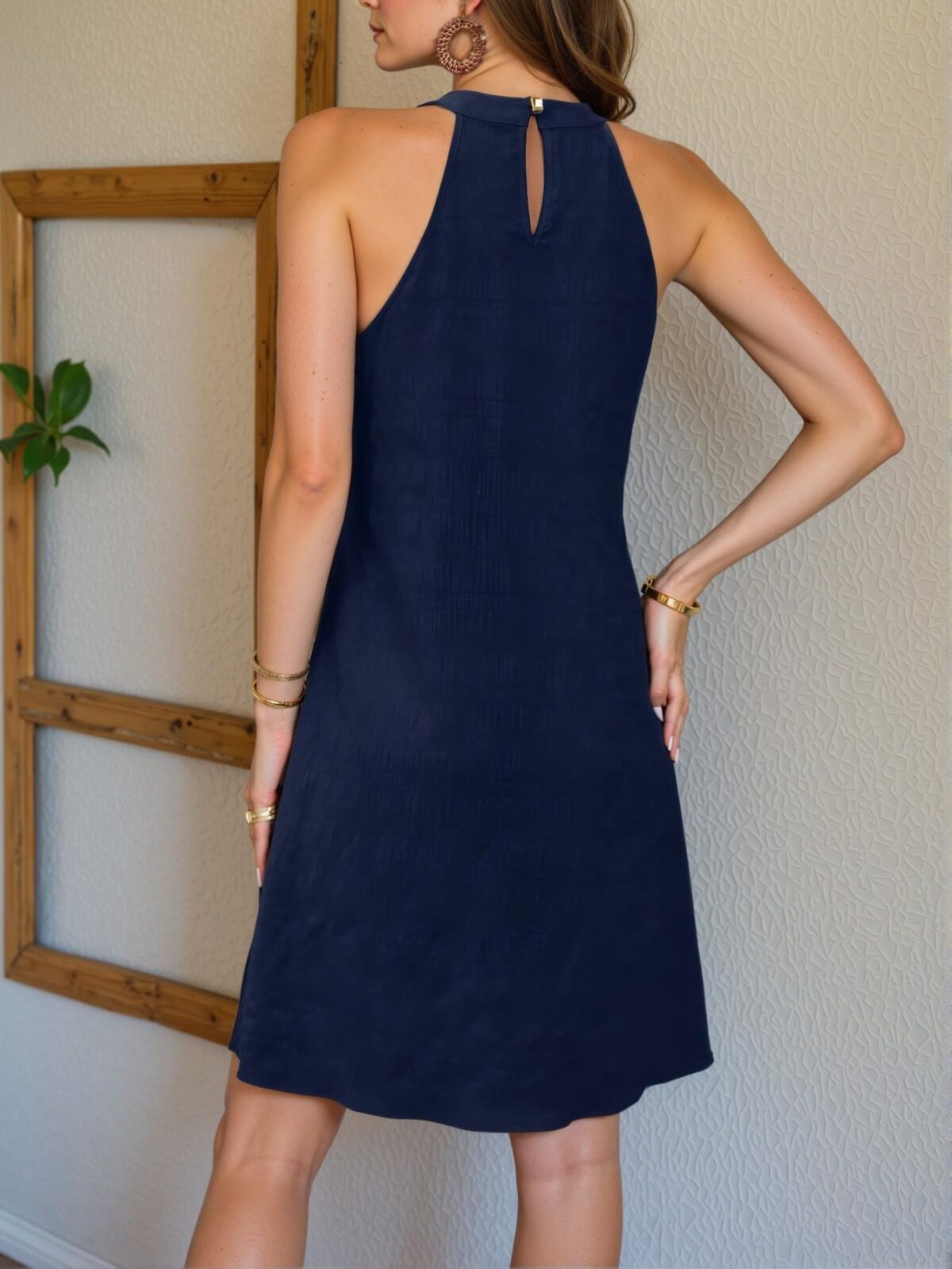 Elegant Navy Blue Casual A-Line Textured Sleeveless Dress with Button and Knot Details - Chic, Classy and Trendy Fashion Style to Dress to Impress - Image 2