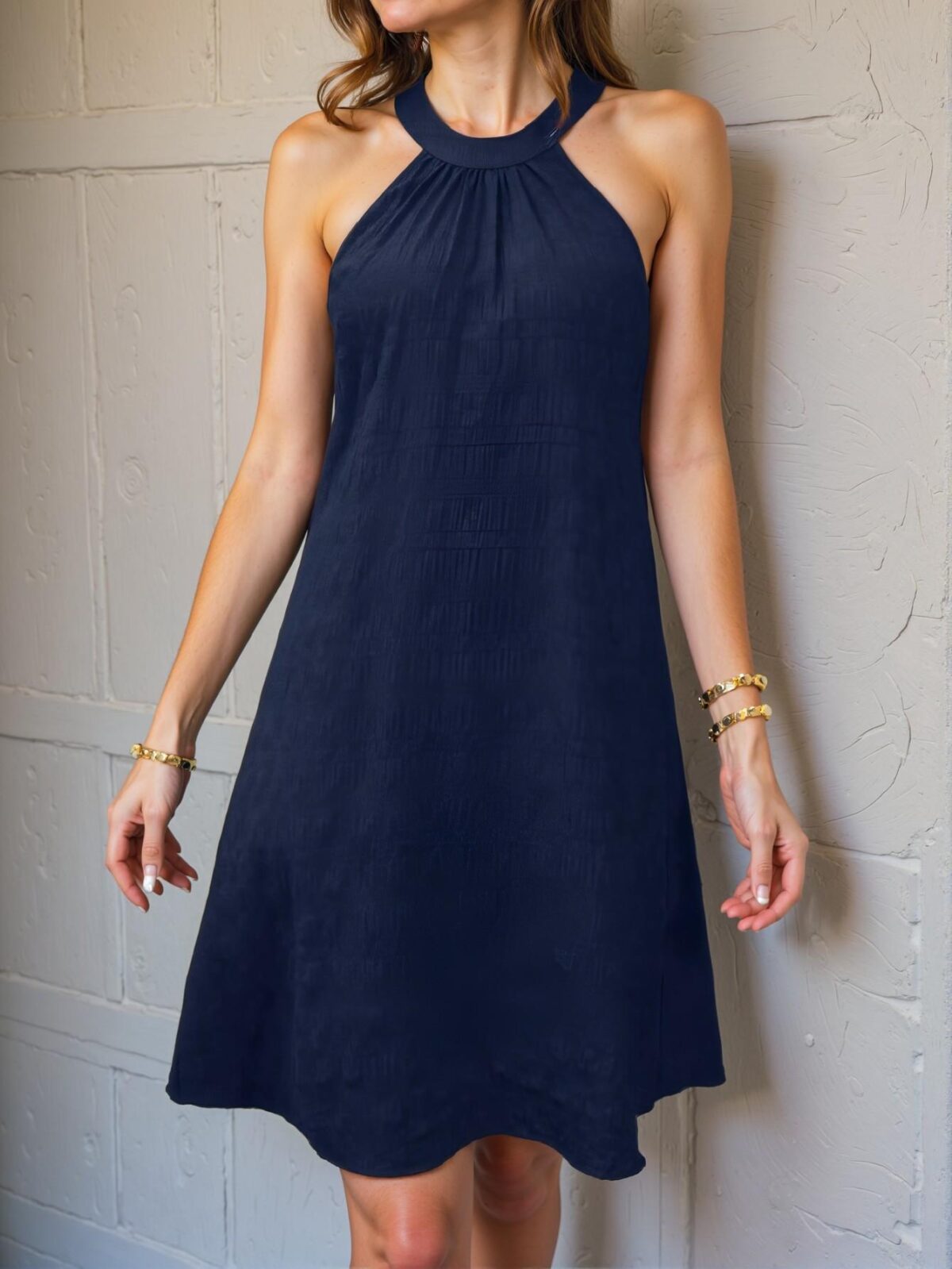 Elegant Navy Blue Casual A-Line Textured Sleeveless Dress with Button and Knot Details - Chic, Classy and Trendy Fashion Style to Dress to Impress - Image 3