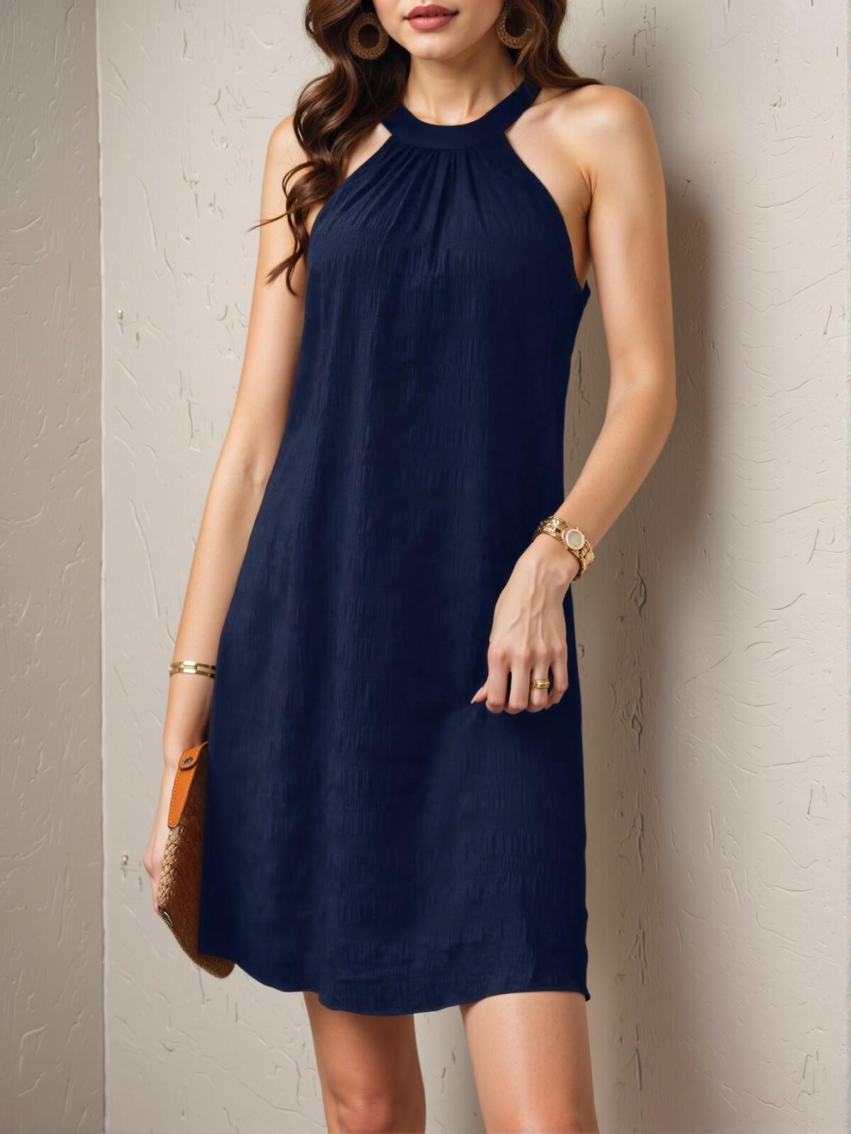Elegant Navy Blue Casual A-Line Textured Sleeveless Dress with Button and Knot Details - Chic, Classy and Trendy Fashion Style to Dress to Impress - Image 4