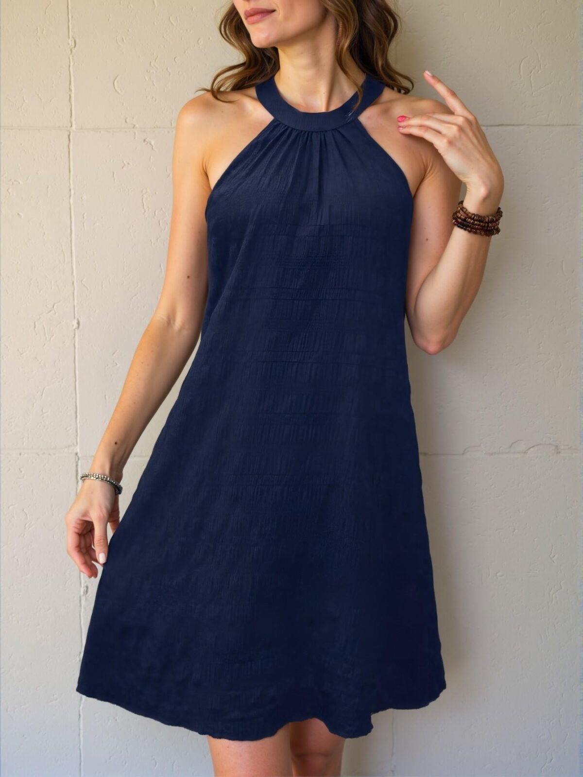 Elegant Navy Blue Casual A-Line Textured Sleeveless Dress with Button and Knot Details - Chic, Classy and Trendy Fashion Style to Dress to Impress - Image 5