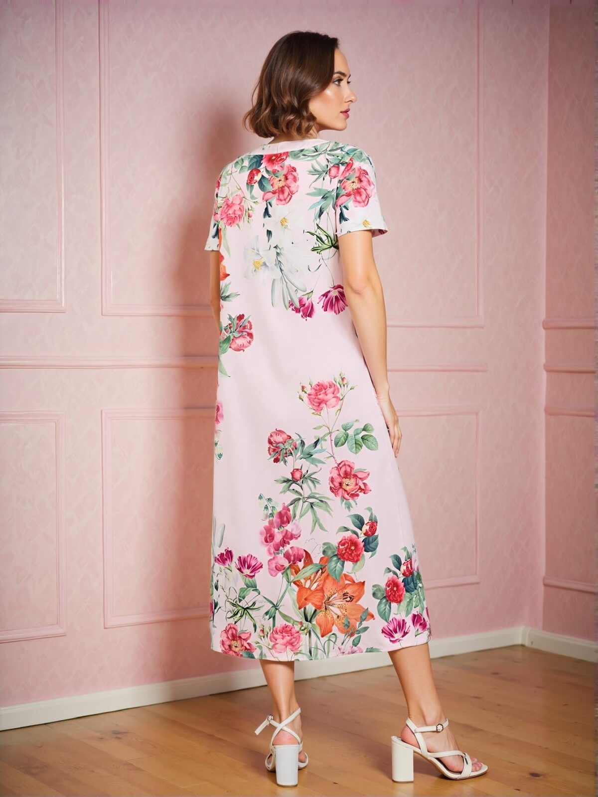 Elegant Pink Floral Print Midi Dress for Women, Spring/Summer – Chic, Classy and Trendy Fashion Style to Dress to Impress - Image 2