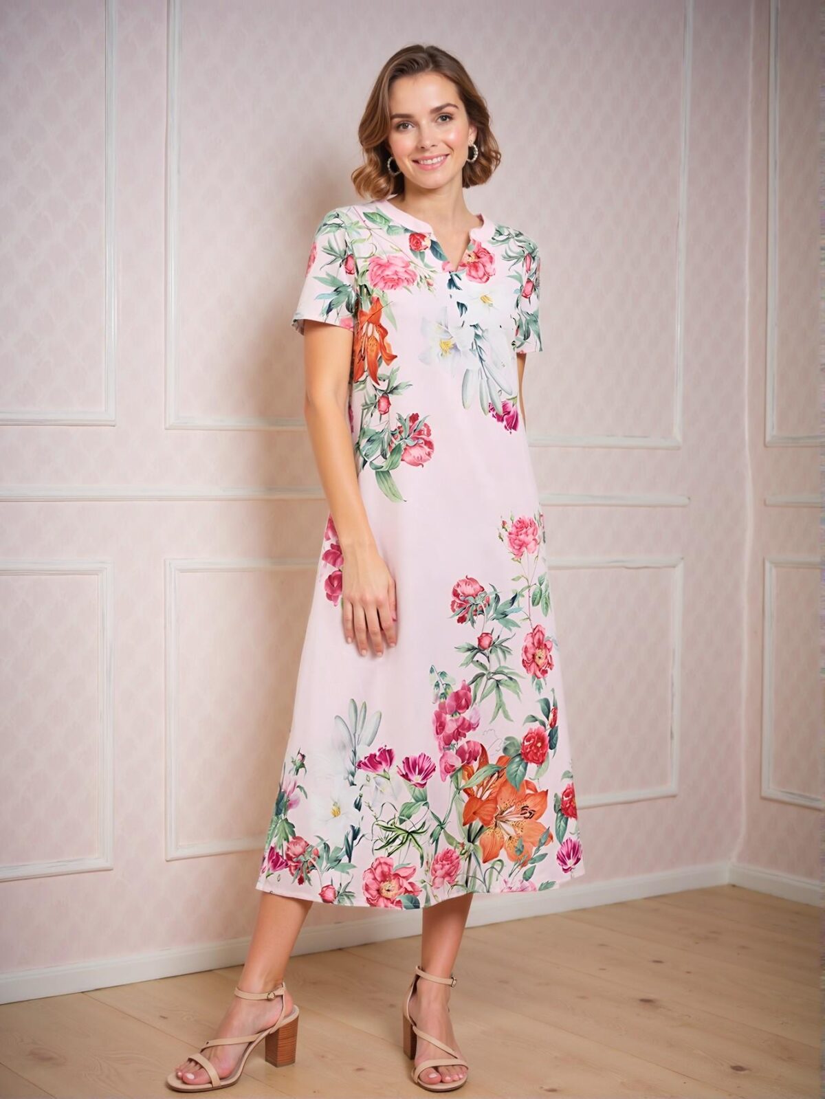 Elegant Pink Floral Print Midi Dress for Women, Spring/Summer – Chic, Classy and Trendy Fashion Style to Dress to Impress - Image 3