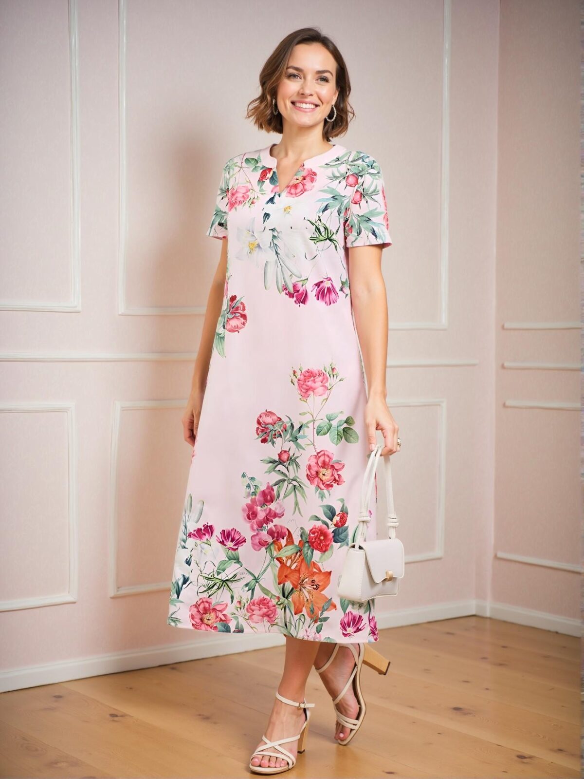 Elegant Pink Floral Print Midi Dress for Women, Spring/Summer – Chic, Classy and Trendy Fashion Style to Dress to Impress - Image 4