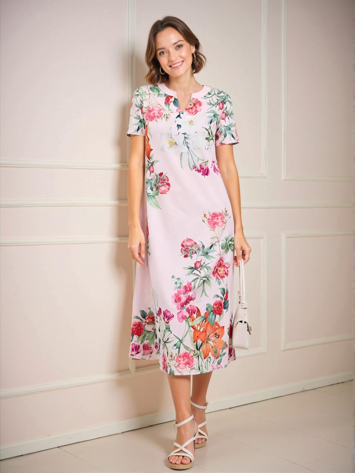 Elegant Pink Floral Print Midi Dress for Women, Spring/Summer – Chic, Classy and Trendy Fashion Style to Dress to Impress - Image 5