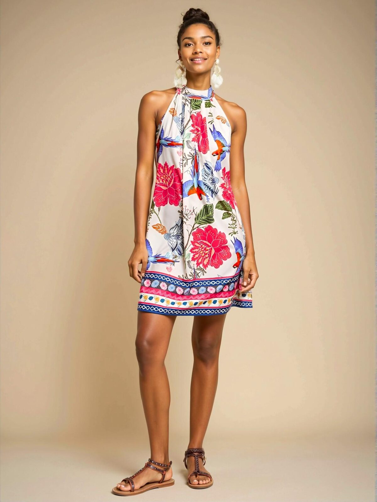 Elegant Blue Bohemian Floral Print Halter Neck Casual Dress Perfect for Summer Escapes - Chic, Classy and Trendy Fashion Style to Dress to Impress