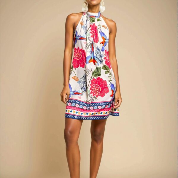 Elegant Blue Bohemian Floral Print Halter Neck Casual Dress Perfect for Summer Escapes - Chic, Classy and Trendy Fashion Style to Dress to Impress