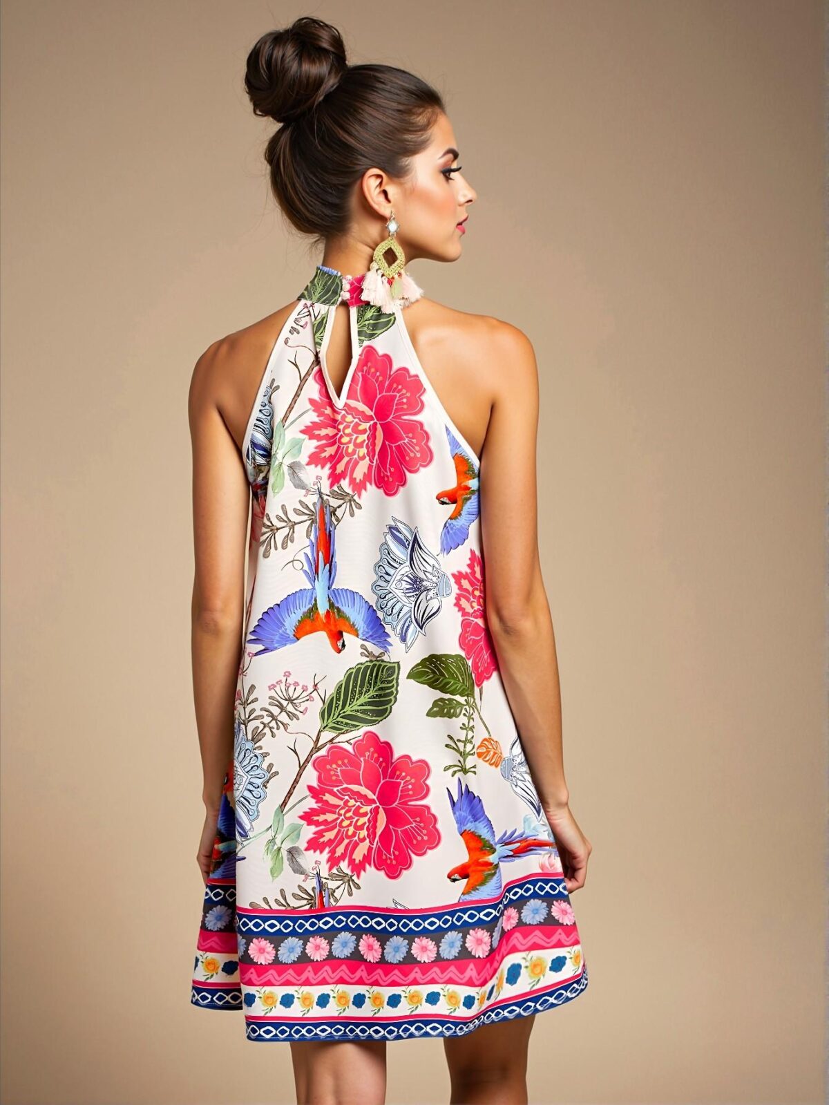 Elegant Blue Bohemian Floral Print Halter Neck Casual Dress Perfect for Summer Escapes - Chic, Classy and Trendy Fashion Style to Dress to Impress - Image 3