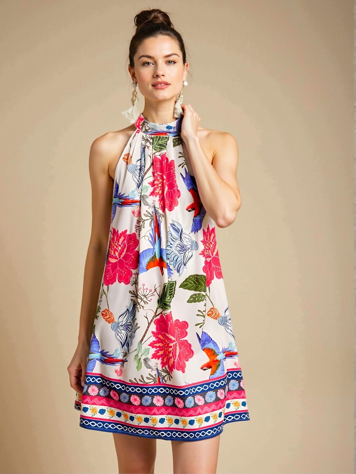 Elegant Blue Bohemian Floral Print Halter Neck Casual Dress Perfect for Summer Escapes - Chic, Classy and Trendy Fashion Style to Dress to Impress - Image 5