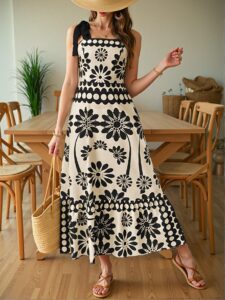 Elegant Black Floral Tie-Waist Suspender Maxi Dress for Beach Getaways - Chic, Classy and Trendy Fashion Style to Dress to Impress