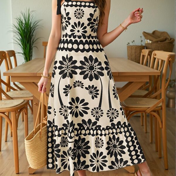 Elegant Black Floral Tie-Waist Suspender Maxi Dress for Beach Getaways - Chic, Classy and Trendy Fashion Style to Dress to Impress