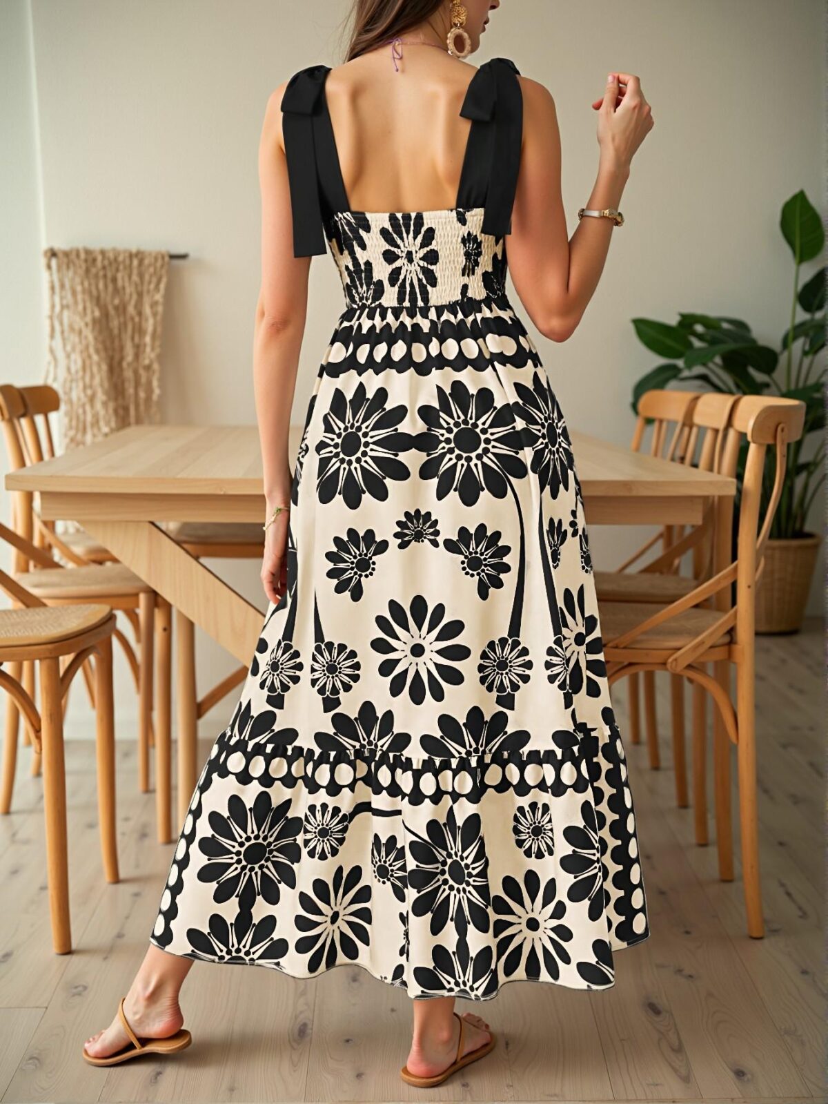 Elegant Black Floral Tie-Waist Suspender Maxi Dress for Beach Getaways - Chic, Classy and Trendy Fashion Style to Dress to Impress - Image 2