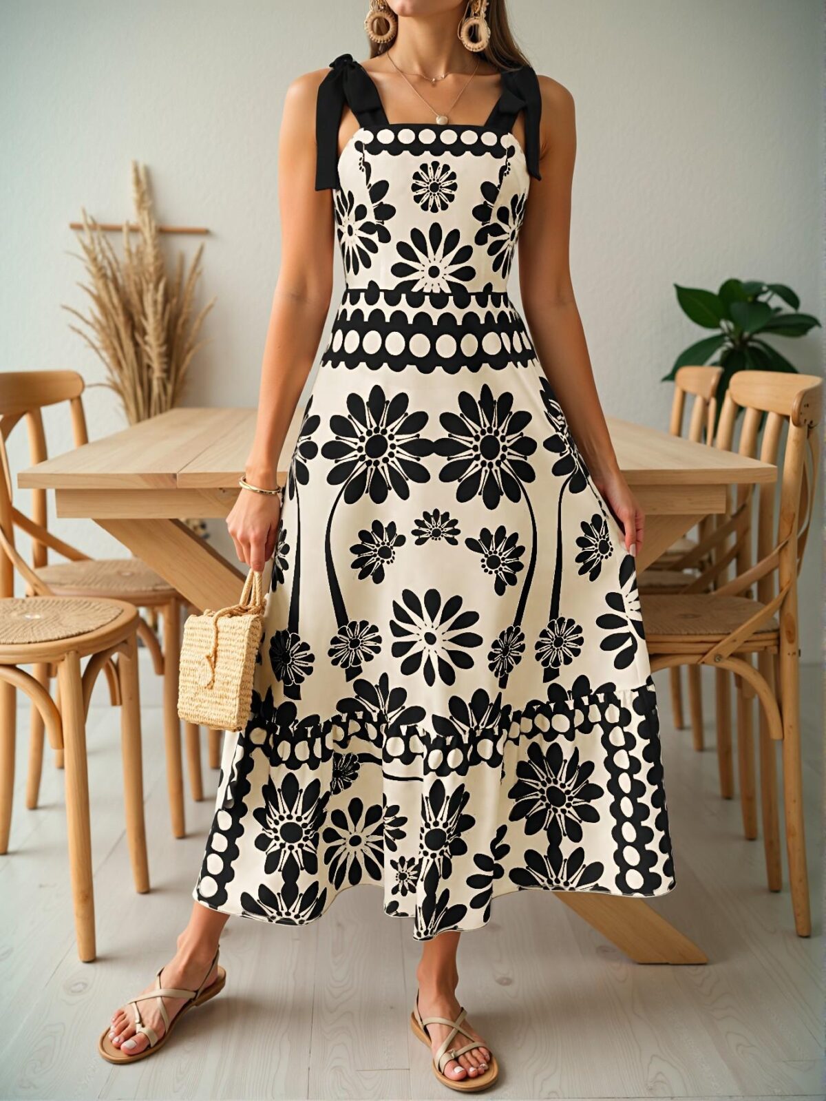 Elegant Black Floral Tie-Waist Suspender Maxi Dress for Beach Getaways - Chic, Classy and Trendy Fashion Style to Dress to Impress - Image 3