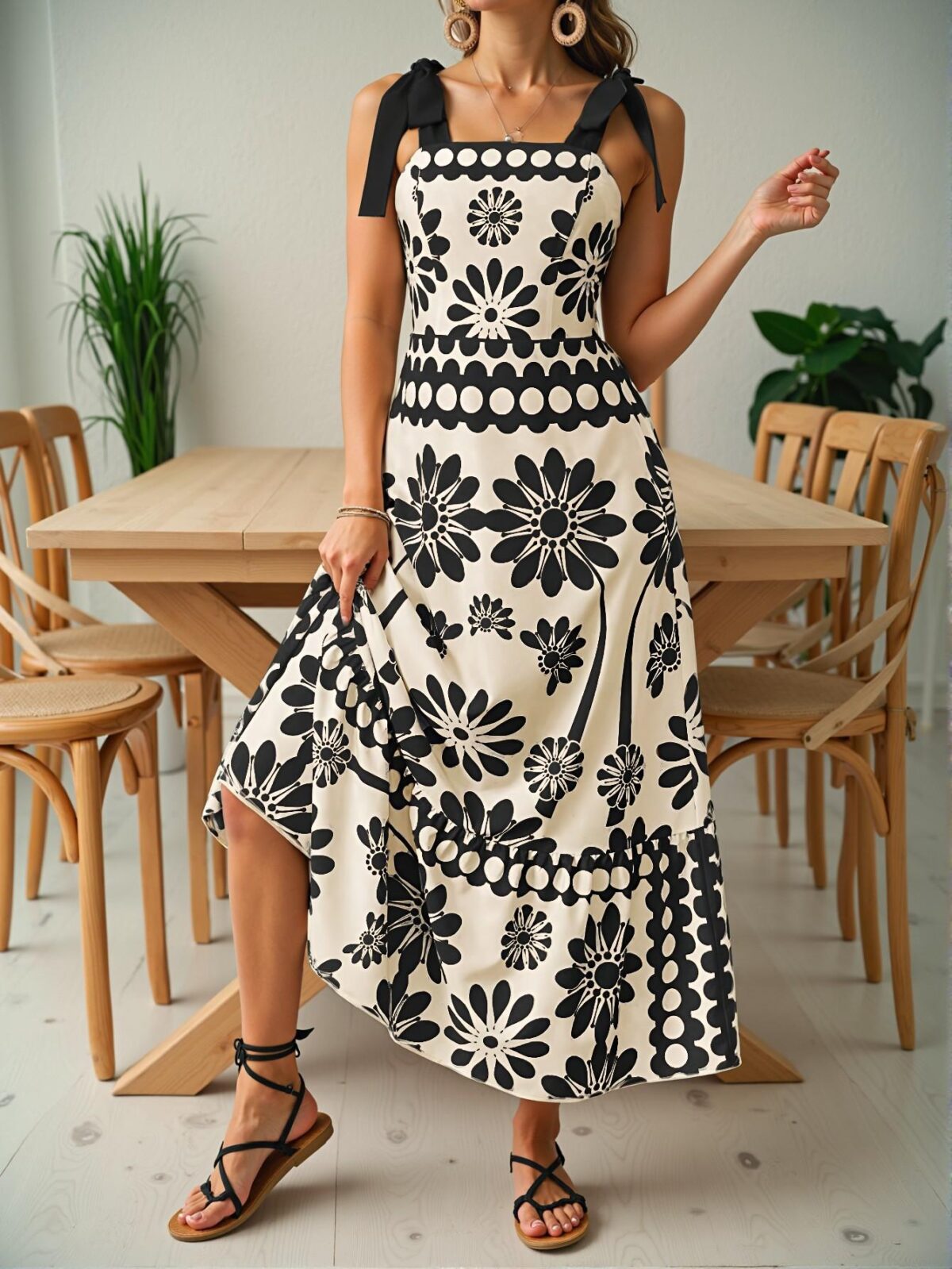 Elegant Black Floral Tie-Waist Suspender Maxi Dress for Beach Getaways - Chic, Classy and Trendy Fashion Style to Dress to Impress - Image 4