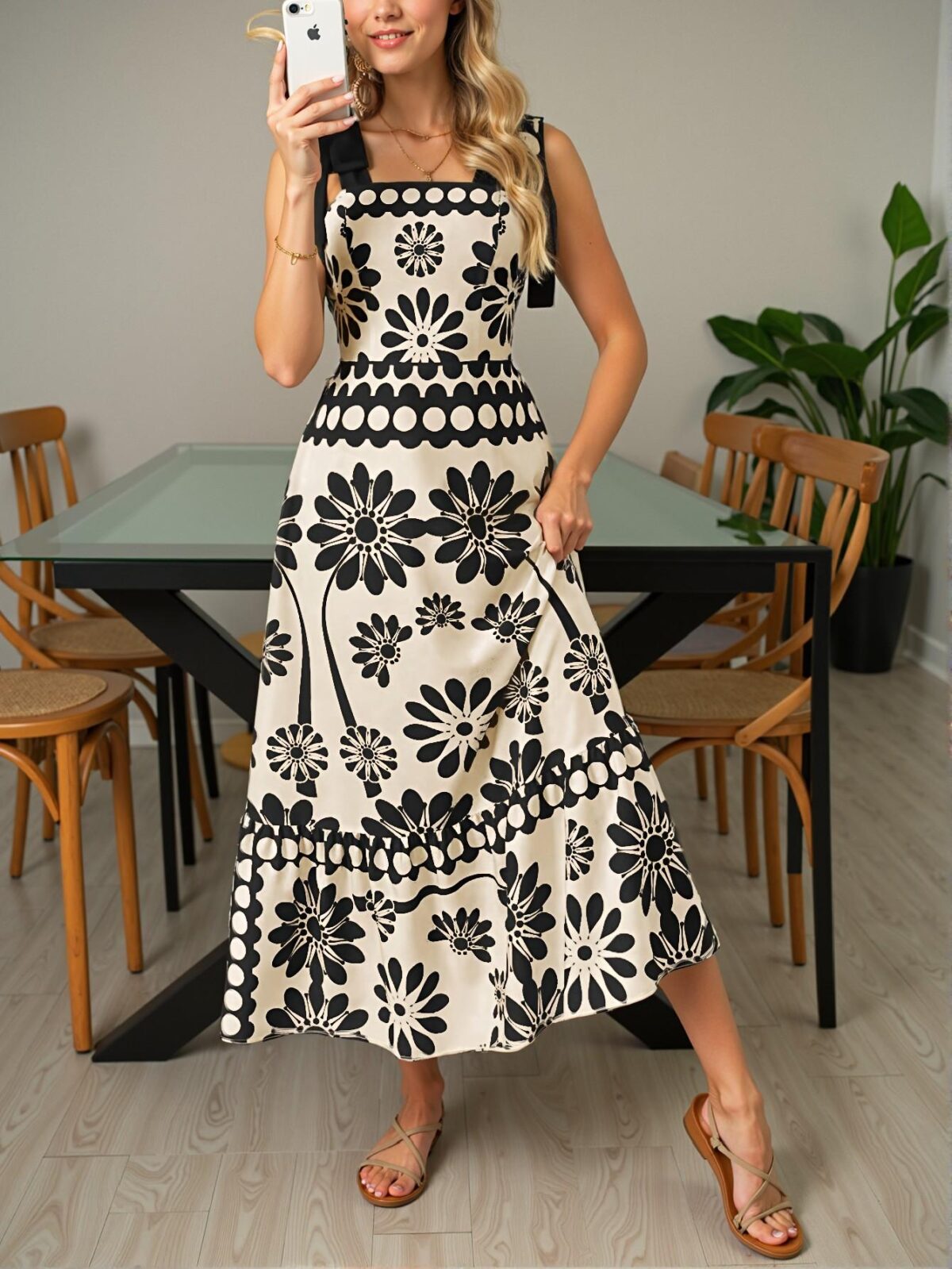 Elegant Black Floral Tie-Waist Suspender Maxi Dress for Beach Getaways - Chic, Classy and Trendy Fashion Style to Dress to Impress - Image 5