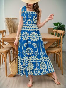 Elegant Blue Bohemian Print Laced Shoulder Cut-Out Waist Maxi Dress for Summer Beach Outings - Chic, Classy and Trendy Fashion Style to Dress to Impress